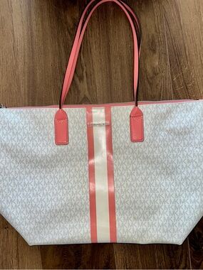 Michael Kors White Tote with Pink Stripe Accents